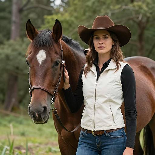 Cowgirl and Horse in Green Forest