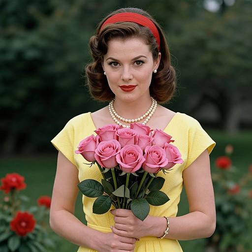 Photograph of a 1950s-style woman with red headband, pearl necklace, yellow dress, holding pink roses, standing in a garden with