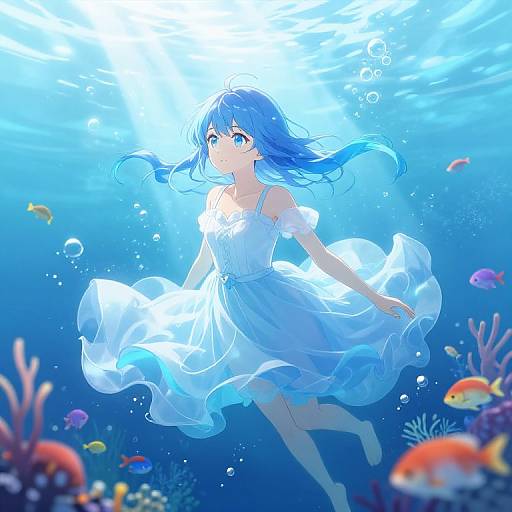 Serene Blue-Haired Anime Girl Underwater