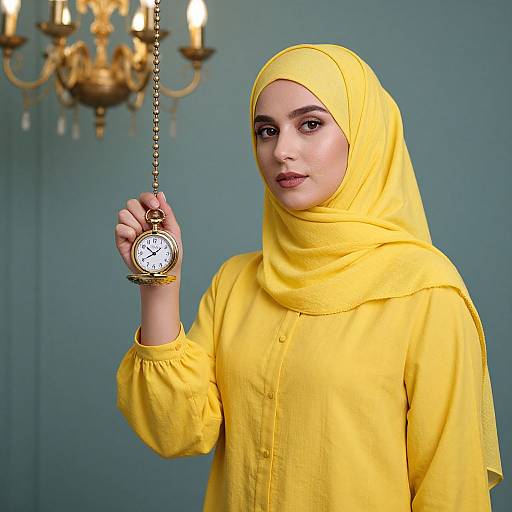 Photograph of a young woman with light skin, wearing a bright yellow hijab and long-sleeve shirt, holding a vintage pocket watch on a