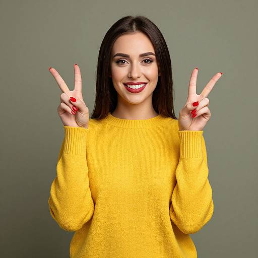 Smiling Woman with Peace Signs