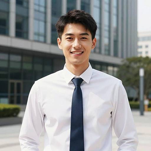 Photograph of a smiling Asian man with short black hair, wearing a white dress shirt and black tie, standing in front of a modern glass building.
