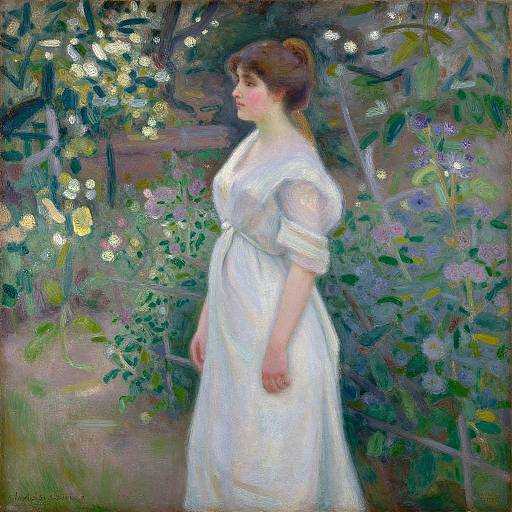 Impressionist painting of a pregnant woman in a white dress, standing in a colorful, lush garden, gazing to the right.