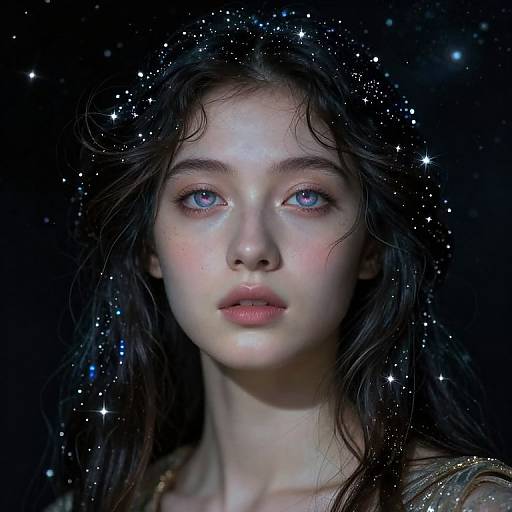 Photograph-style digital artwork of a young woman with glowing blue eyes, pale skin, and dark, wavy hair, surrounded by sparkling stars against a