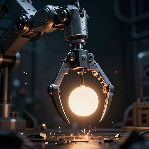 Photograph of a robotic arm with a glowing, bright circular light source at its end, casting sparks onto a dark, industrial workshop surface.