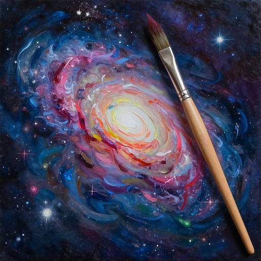Digital art of a vibrant, swirling galaxy with neon colors, featuring a paintbrush with a wooden handle and metallic ferrule.