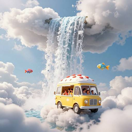 Whimsical digital illustration of a yellow vintage van with smiling passengers floating on fluffy clouds, with two colorful fish swimming nearby beneath a towering waterfall in the
