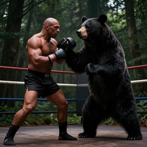 Photorealistic CGI: Muscular bald man in black boxing shorts, gloves, facing standing bear in boxing ring, forest background. Intense boxing match