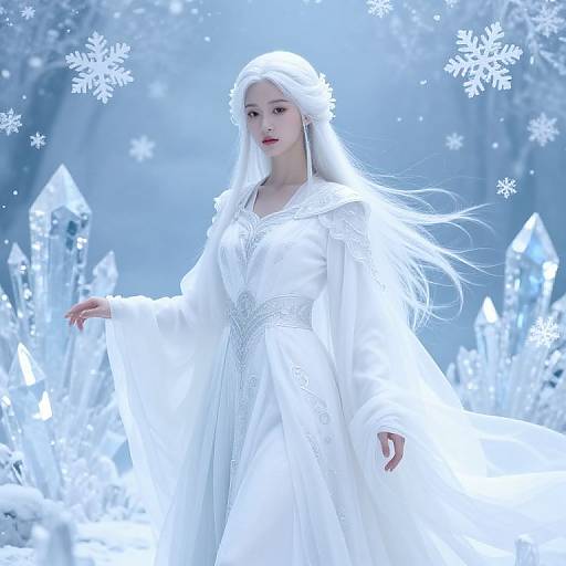 Digital art: Snowy forest scene with a pale-skinned, long-haired woman in a white, flowing dress and crown, surrounded by glowing ice crystals