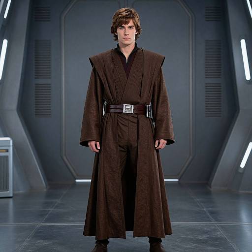 Photograph of a young man with brown hair, wearing a long, dark brown Jedi robe with a black belt, standing in a futuristic, dimly