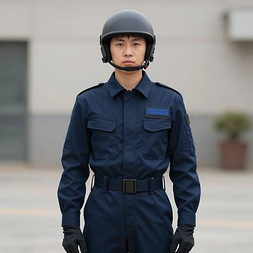 Photograph of a serious East Asian male police officer in a black uniform, helmet, and gloves, standing outdoors with a blurred background.