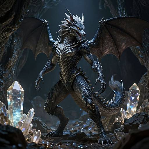 Digital artwork of a dark, menacing dragon with silver spikes, large wings, and glowing blue crystals in a cave.