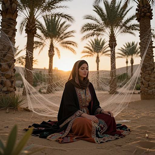 Photograph of a young woman in traditional Middle Eastern attire, sitting on desert sand, surrounded by palm trees, with a spider web behind her, at