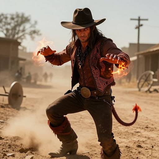 Photograph of a fierce, long-haired cowboy with a black hat, red and black patterned vest, and leather pants, conjuring fire from his