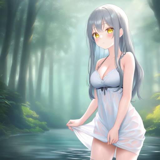Anime Girl in White Dress by Forest Stream