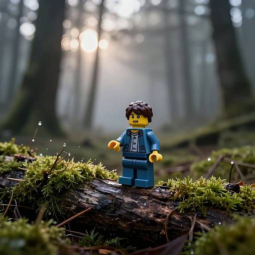 Photograph of a LEGO minifigure with blue clothes and black hair, standing on a moss-covered log in a misty forest.