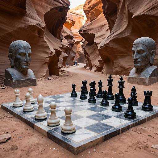 Photograph of a chess set with white and black pieces on a tiled board, flanked by two stone Buddha heads, in a sandy, narrow canyon