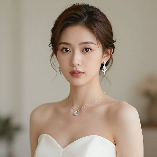 Photograph of an East Asian woman with fair skin, dark hair in an updo, wearing a strapless white dress, star-shaped earrings, and