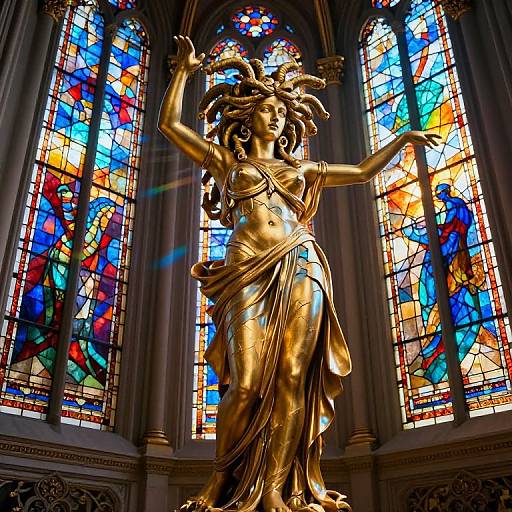Gilded statue of a flowing, winged goddess with raised arms, standing in front of vibrant, multi-colored stained glass windows.