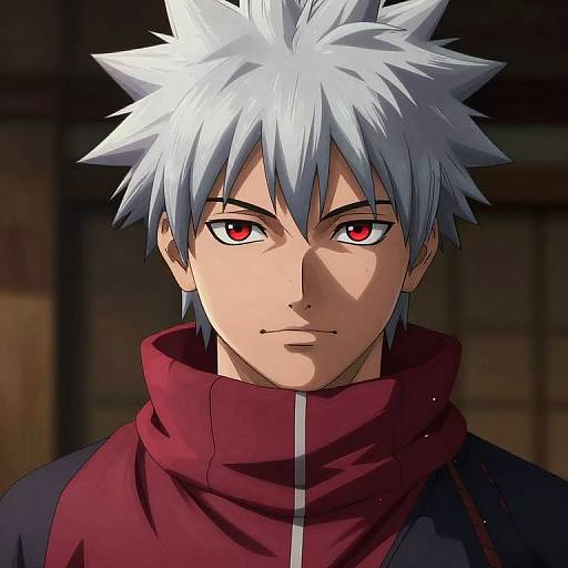 Anime-style digital drawing of a young man with spiky white hair, red eyes, and a serious expression, wearing a high-collared red t