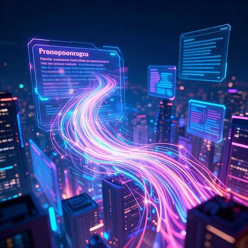 Neon-lit futuristic cityscape with swirling blue, pink, and white light trails, floating holographic screens displaying 