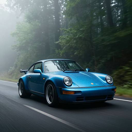 Photograph of a shiny blue Porsche 911 speeding on a misty, forest-lined road, with blurred trees in the background.