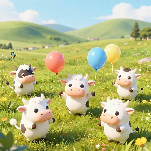 Cute CGI cow toys with black and white patterns, holding colorful balloons (red, blue, yellow) in a sunny, green meadow.