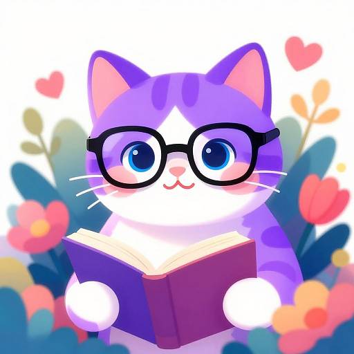 Cute digital drawing of a purple and white cartoon cat with large blue eyes and black glasses, reading a book surrounded by colorful flowers and leaves.