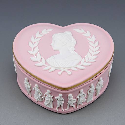 Photograph of a pink, heart-shaped, ornate box with white bas-relief figures and laurel wreath on the lid, set against a