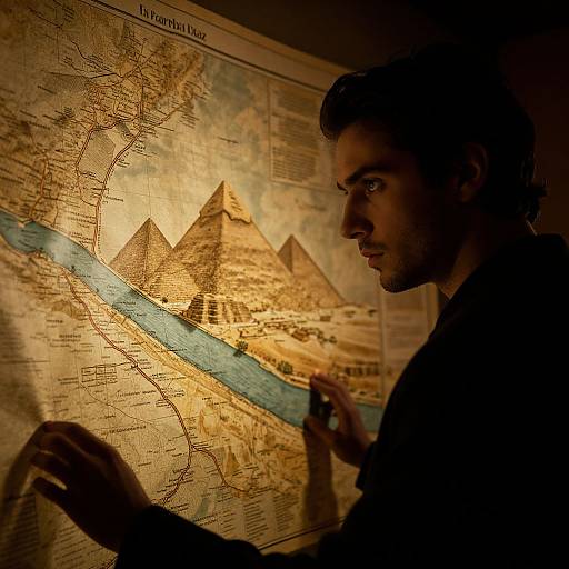 Photograph of a man with short dark hair, silhouette against a warmly lit map showing pyramids and Nile River, intensely studying the map.