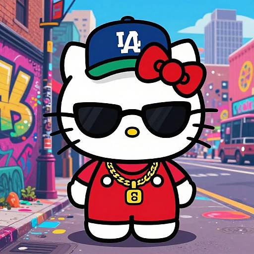 Digital art of Hello Kitty in a red jumpsuit, black sunglasses, blue cap with 