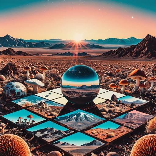 Surreal Psychedelic Desert Landscape with Mushrooms and Orbs Surreal Psychedelic Desert Landscape with Mushrooms and Orbs