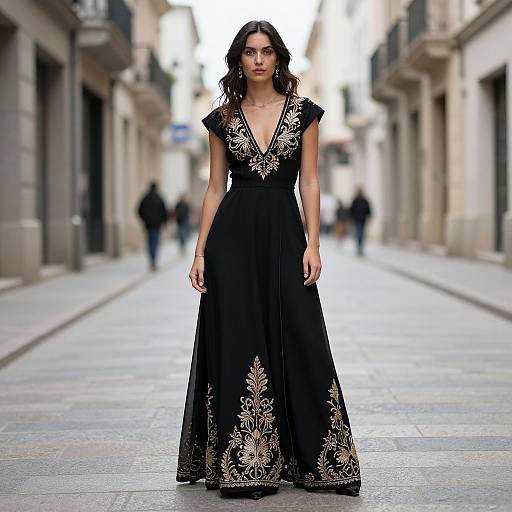 Photograph of a slender woman with wavy brown hair, wearing a black, V-neck, floor-length gown with gold floral embroidery, walking down a