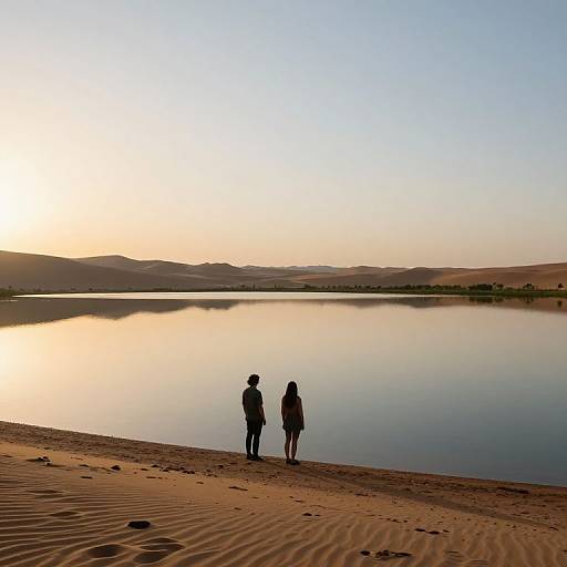 Photograph of two silhouetted figures standing on a sandy beach at sunset, gazing at a calm, reflective lake with distant hills under a