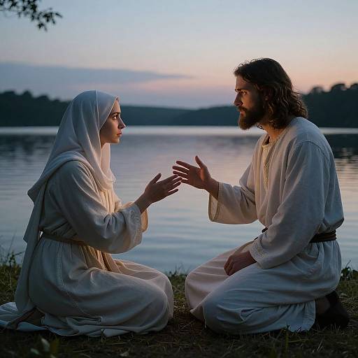 Photograph of a bearded man with long hair and a woman in white robes, kneeling by a lake at sunset, gesturing toward each other with