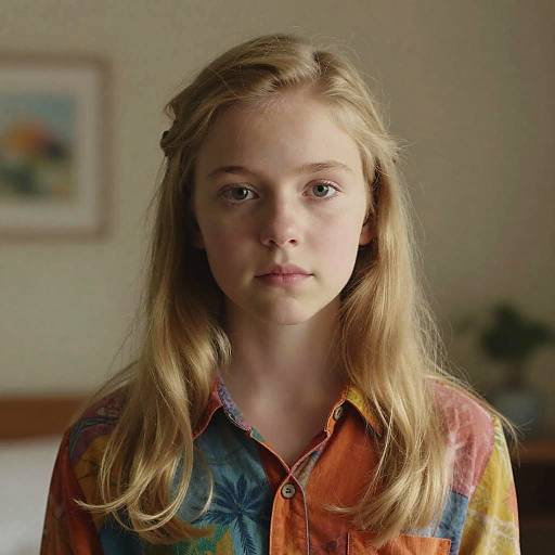 Photograph of a young, fair-skinned blonde girl with straight hair, wearing a colorful, tie-dye shirt, standing in a softly lit,