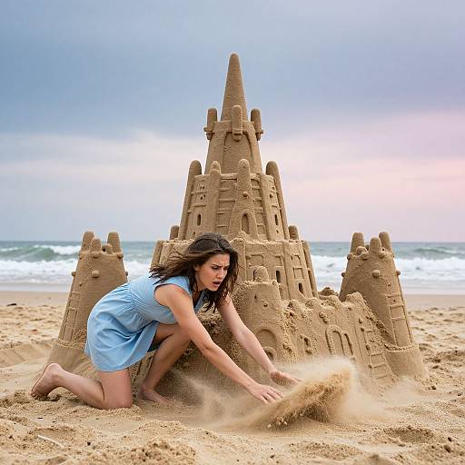 Photograph of a young woman with long dark hair, wearing a light blue dress, building a tall sandcastle on a beach, with waves and cloudy