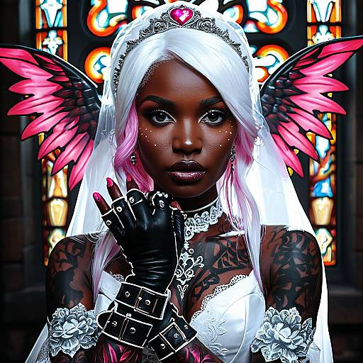Photorealistic digital art of a dark-skinned woman with pink and black angel wings, white veil, black lace gloves, and white lingerie, standing