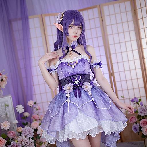 Photograph of an Asian woman in a purple, lace, elf-themed dress with pointy ears, standing in a floral-decorated room.