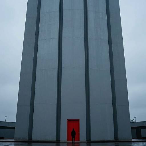 Photograph of a massive, grey, vertical concrete monument with vertical lines, a small red rectangular doorway, and a silhouetted figure standing in