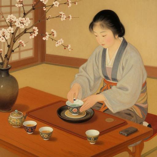 Asian Oil Painting Tea Ceremony