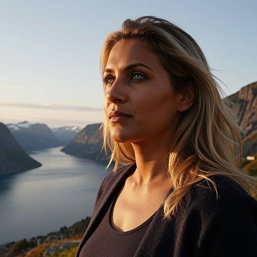 Photograph of a blonde woman with light skin, wearing a black top, standing outdoors at sunset, with a mountainous fjord and calm water in