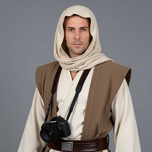 Photograph of a man with fair skin and brown eyes, dressed as a Jedi, wearing a beige hood, brown vest, white tunic, and