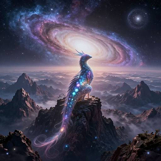 Digital artwork of a celestial dragon with glowing blue and purple scales, standing on a mountain peak, surrounded by swirling galaxies and starry skies, overlooking a