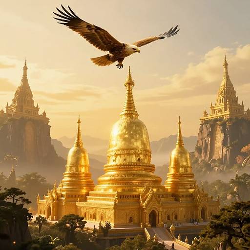 Photograph of a golden Buddhist temple complex with three domes, a soaring eagle in the sky, and majestic, sunlit mountainous backdrop.