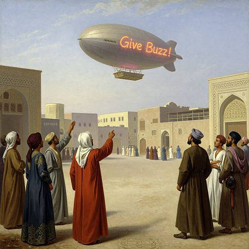 Digital painting of a Middle Eastern town square with eight people in traditional clothing, gazing at a 