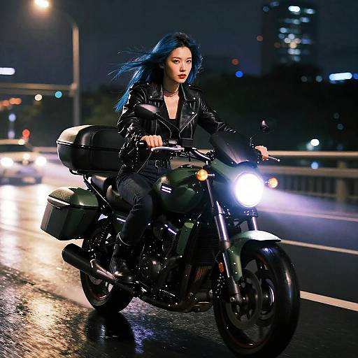 Cyberpunk Night Ride with Blue-Haired Biker