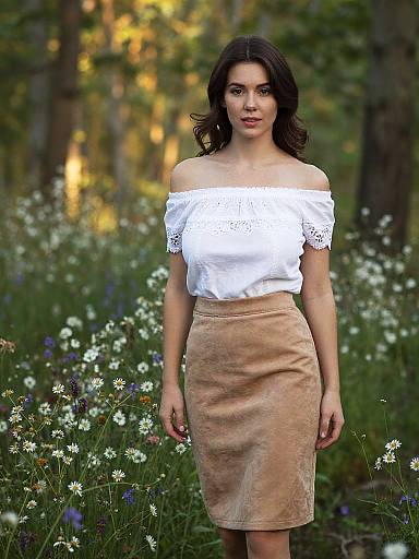 Photograph of a young woman with wavy dark hair, wearing an off-shoulder white lace top and tan suede skirt, standing in a sun