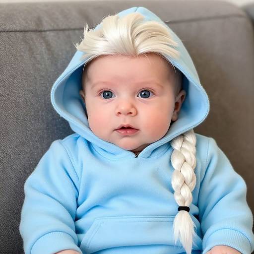 Photograph of a fair-skinned baby with blonde hair in a braid, wearing a light blue hoodie with a hood, sitting on a gray couch