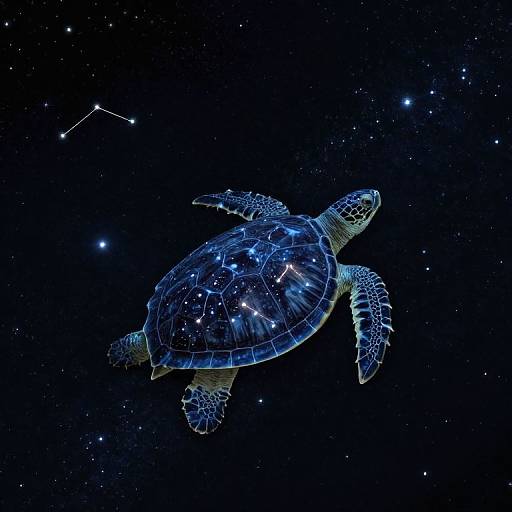 Digital illustration of a glowing, star-covered sea turtle swimming in a dark, starry night sky with a visible constellation.